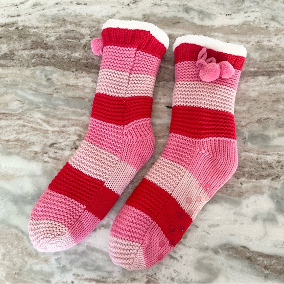 Cozy Red Pink & White Stripe Pom Pom Sherpa Fleece Lined Slipper Socks- Grippers - Picture 1 of 14